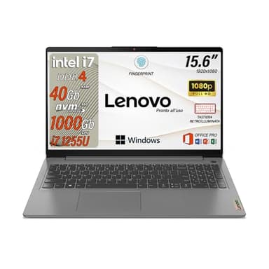 Lenovo Ideapad, Notebook i7, Pc portatile intel core 12th 10Core, Ram 40 Gb, Display 15,6" FHD IPS, SSD 1Tb, Wi-Fi, Bt, Tastiera retroilluminata, fingeprint integrato, Windows 11 Pro, Pronto all'Uso
