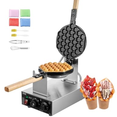 VEVOR Macchina per Waffle Bubble Commerciale 1400W Macchina Waffle Antiaderente in Acciaio inox Egg Bubble Puff, 180° Girevole, Controllo Temperatura Tempo, Manico, Ristorante Panetteria Snack Bar