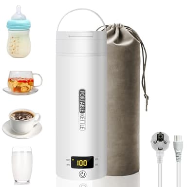 Bollitore da Viaggio Piccolo Elettrico, Bollitore Portatile da 500ML/300W Mini Tazza per Acqua in Acciaio Inossidabile 316, Riscaldamento con Spegnimento Automatico, per Tè, Caffè, Latte(Bianco)