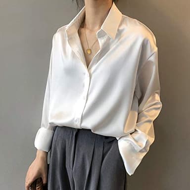 Camicie Casual Da Donna - Moda Primavera Ed Estate Bottone In Raso Seta Retrò Bianco Maniche Lunghe Street Shirt Sciolta Elegante E Morbido