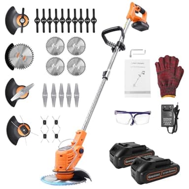 Grenintol Tagliaerba a Batteria, Decespugliatore Elettrico Brushless, Decespugliatore Multifunzione con 2 Batterie, 4 Tipi Lame,Testata Regolabile e Maniglia Telescopica Tagliaerba per Giardino