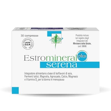 Estromineral Serena Plus, 30 Compresse, Integratore Menopausa con Isoflavoni di Soia, Fermenti Lattici, Magnolia, Agnocasto, Calcio, Magnesio e Vitamina D3, Senza Glutine e Senza Lattosio