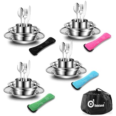 Odoland Set di Stoviglie da Campeggio per 4 Persone in Acciaio Inox con Piatti Ciotole Tazze Posate e Borsa in Rete, Riutilizzabili e Portatile, Set Piatti per Picnici Barbecue Viaggio Campo Estivo