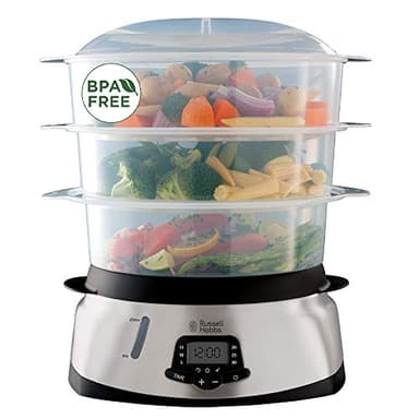 Russell Hobbs Vaporiera 10,5 l - Grande - Display digitale e timer programmabile - 3 contenitori per cottura a vapore lavabili in lavastoviglie e ciotola per riso; 8 portauova; No BPA, 23560-56