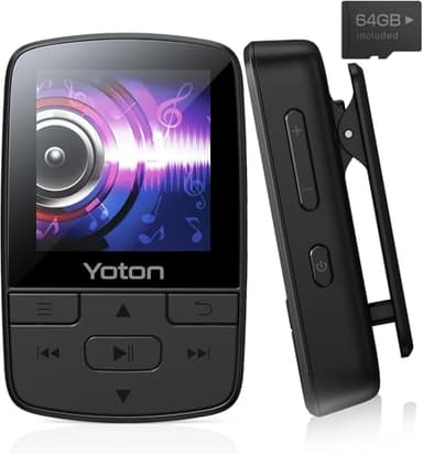 YOTON Lettore MP3 Bluetooth 5.2, Musicale Sportivo Portatile da 64 GB, con Clip, Audio HiFi di Alta Qualità, Volume Indipendente, Radio FM, con Auricolare, Supporta fino a 128 GB, Nero