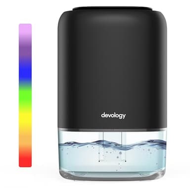 Devology Mini Deumidificatore Portatile Compatto da 1100 ml - Efficienza Elettrica - Elimina Muffa, Umidità e Condensa per Casa - Super Silenzioso <30dB 7 Colori di Illuminazione d'Ambiente a LED