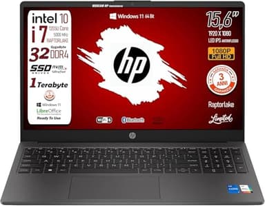 HP 250 G10, PC Portatile CPU Intel Core i7-1355U 13th 10Core, fino a 5 GHz, RAM 32Gb, SSD Pci 1Tb, Display 15.6" ips FHD, Wi-Fi 6, BT, WebCam, HDMI, Win 11, Pronto all'Uso, 3 Anni di garanzia