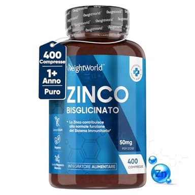 Zinco Integratore in 400 Compresse di Zinco Bisglicinato Vegano (Scorta per 13 Mesi), Alto Dosaggio, Integratore di Zinco Puro, Pelle, Capelli, Unghie, Vista, Zinco Integratore Alimentare Senza OGM