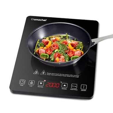 Piastra a Induzione Singolo AMZCHEF, da 2000 W con design sottile, 20 livelli di potenza, temperatura, controllo sensore tattile, timer, nero