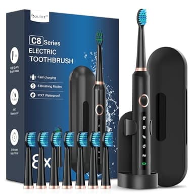 Spazzolino Elettrico Spazzolini Elettrici - Coulax Sonico Spazzolino da Denti Elettrico Spazzolino da Viaggio Ricaricabile Denti Ricaricabile con 8 Testine, Custodia, 5 Modalità, Nero Scuro