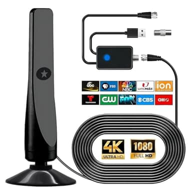 Antenna TV digitale, potente antenna HDTV interna esterna con amplificatore, ricezione 360° di 50 miglia antenna TV, supporta 4K 1080P, TV DVB-T2 VHF UHF, cavo coassiale 5M