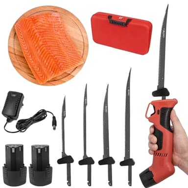VLOXO Coltello elettrico da Cucina, Coltello per Carne ricaricabile con 4 lame doppie in acciaio inox Electric Knife per alimenti surgelati Carne Interruttore di Sicurezza senza fili Lame Estraibili
