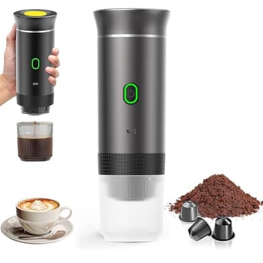 PZCC Macchina da caffè portatile da viaggio, caffè espresso ricaricabile 12 V e custodia per campeggio e auto, riscaldamento rapido, compatibile con capsule K-Cup e caffè macinato, per viaggio