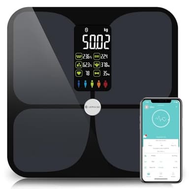 Bilancia Pesapersone Digitale, Bilancia Impedenziometrica Professionale, Smart Bilancia Massa Magra e Grassa BMI con 15 Indici, Bilancia Pesapersone Professionale con App (Nero, 4AAA)