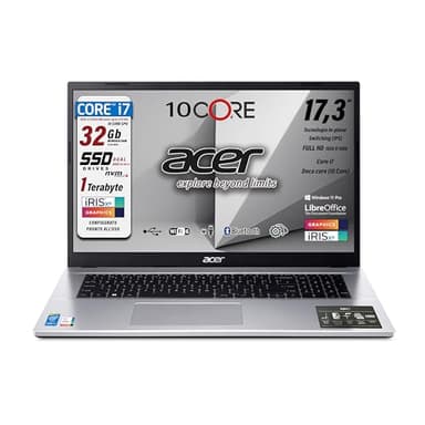 acer Notebook Aspire, Monitor da 17.3" FullHD IPS, IntelCore i7-1255U RAM 32Gb, N 2 SSD PCI da 512Gb (1TB), USB 3.2, Wi-Fi6, Lan 1Gbit, Svga Iris Xe, Tastiera Italiana, Win 11Pro, Pronto all'Uso