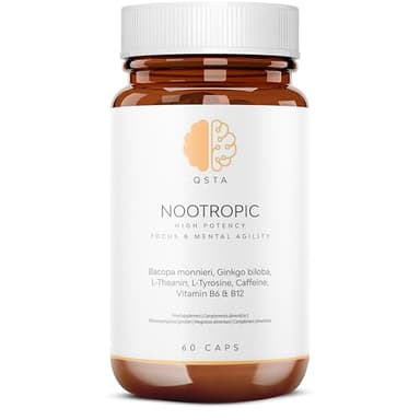 Nootropico Potente – Integratori Memoria e Concentrazione: Altissima Potenza per Energia, Funzione Cerebrale e Memoria con Ginkgo Biloba, Tirosina, Teanina, Bacopa Monnieri, Caffeina, B6 e B12