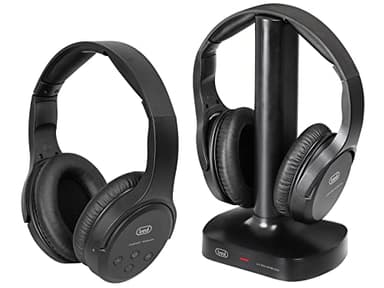 Trevi FRS 1580 TW Set di 2 Cuffie TV Wireless Senza Fili, Portata Fino a 30 Metri, Ideali per TV e Impianti Stereo, Ingresso Ottico, Batteria Ricaricabile, Alimentatore Base e Cavo Ottico in Dotazione