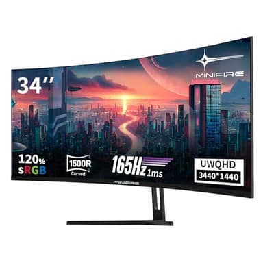 Minifire Monitor da gioco curvo 34" UWQHD 165Hz (DP), 3440 x 1440, curvo 1500R, 1 ms (MPRT), 100Hz (HDMI), AMD FreeSync, pannello VA, 2xHDMI 2.1 (TMDS)/1xDP 1.4 porte (cavo DP MFG34C5Q incluso)