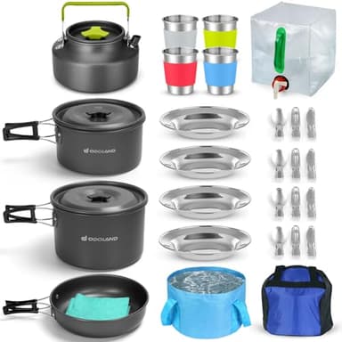 Odoland Pentole Set da Campeggio Incl. Contenitore per Acqua e Secchio Pieghevole Set di Pentole e Padella da Campeggio Antiaderenti con Bollitore Tazze Piatti Forchette Coltelli Cucchiai