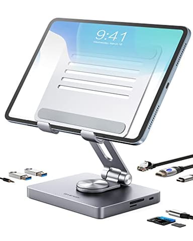 BYEASY Supporto Hub USB C Docking Station per iPad 8 in 1, Supporto per Tablet Type-C con HDMI, Jack da 3,5 mm, LAN, Ricarica PD da 100 W, 2 x USB 3.0, SD/Micro SD, per iPad Pro e Altri Pad USB-C
