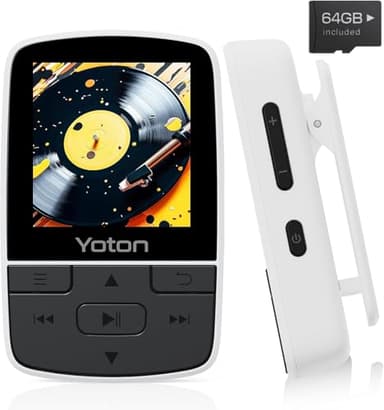 YOTON Lettore Musicale Bluetooth 64GB, Mini MP3 Sportivo Portatile con Clip, Suono HiFi Senza Perdita, Radio FM, Cronometro, Registratore, Contapassi, Ecc., con Auricolari, Bianco