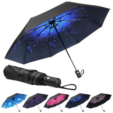 Aolso Ombrello Pieghevole Antivento, Chiusura Automatica Ombrello Pieghevole, Ombrello pieghevole compatto anti-tempesta, UPF>50+ Ombrello da Sole, Ombrello Automatico a 8 Stecche (Stellato Blu)