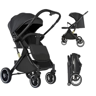 Passeggino Canne, Passeggino Bebe Leggero e Compatto, 3 posizioni di inclinazione, 0-4 anni (25 kg max), posizione allungata, pieghevole con una sola mano, 4 ruote con ammortizzatori (Nero)