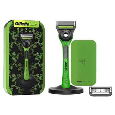 GilletteLabs RASOIO UOMO, 2 LAMETTE DA BARBA di Ricambio, Base Magnetica e Barra Integrata Elimina Impurità Pelle, Rasatura Facile, Comfort Ottimale, Razer, Custodia da Viaggio, Verde, Idea Regalo