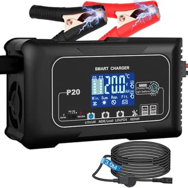 HTRC Carica Batteria per Auto 20A, caricabatterie auto 12V/20A ＆ 24V/10A, Caricatore Batteria Auto, Carica Batteria Auto per Barche SUV Litio, LiFePo4 e Piombo Acido(AGM, GEL, MF, EFB, SLA, WET)
