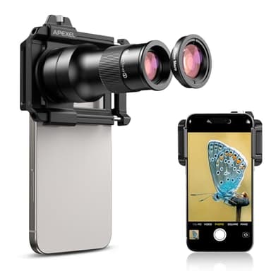 APEXEL 2 in 1 Teleobiettivo Ultra HD 6X & Obiettivo Macro da 150 mm con Clip Universale, Kit Obiettivo per Smartphone Adatto alla Maggior parte dei Telefoni Cellulari