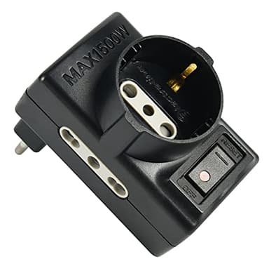 Electraline 70001 Adattatore 3 prese triplo (2 prese Bivalenti 10/16A e 1 polivalente Schuko + 10A), Spina Piccola italiana 10A con interruttore con riduttore ON/OFF, Nero, Confezione da 1