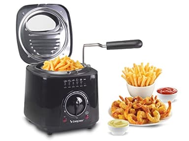 Beper Friggitrice elettrica P101FRI100 1 L, 950 W, cestello in acciaio rimovibile, coperchio con oblò, filtro rimovibile lavabile, temperatura regolabile, piedini antiscivolo, nera