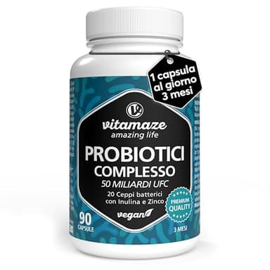 Fermenti Lattici Probiotici, 50 miliardi UFC per capsule (3 Mesi) con 20 ceppi batterici con Prebiotici Inulina e Zinco, capsule vegane ed entericizzate, Qualità Europea. Vitamaze®