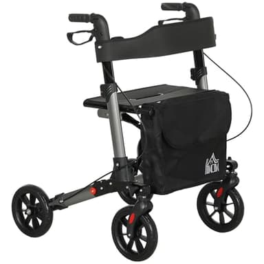 HOMCOM Deambulatore per Anziani Pieghevole ad Altezza Regolabile, Rollator Deambulatore con Seduta, 4 Ruote, Freni Doppie e Borsa Portaoggetti, Girello per Anziani e Disabili in Alluminio, Nero