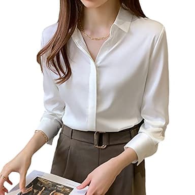 Camicetta da Donna in Raso Moda Moda Manica Lunga Satinata Seta Camicia da Lavoro Ufficio Top Casual Camicia,Bianca,M