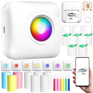 NLMWTI Mini Stampante Portatile Termica, Mini Stampante Fotografica con LED 7 colori, Stampante Termica, Immagine per Foto, Mini Stampante Termica con 14 rotoli per Studio, Note, Diario, Elenco