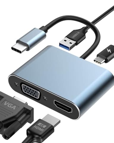 Adattatore USB C a HDMI VGA, 4 in 1 Adattatore multiporta 4K HDMI/1080P VGA, Adattatore USB C a HDMI con 5 Gbps USB 3.0 Porta dati, PD 100 W porta di Adattatore USB C a VGA per MacBook Pro/Air