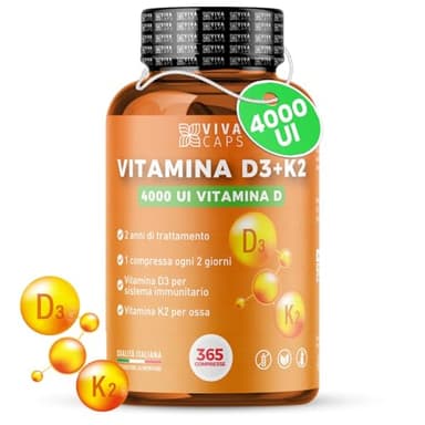 VIVACAPS Vitamina D3 K2 - Integratore di Vitamina D 4000 UI e K2 per il Sistema Immunitario - 365 Micro Compresse Vit D Di Alta Qualità - Prodotto Italiano Naturale