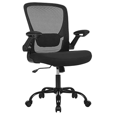 SONGMICS Sedia da Ufficio, Sedia Girevole, Sedia di Rete, Sedia da Computer Ergonomica, Supporto Lombare Imbottito, Funzione Oscillante, Seduta 53 cm, Braccioli Pieghevoli, Nero OBN37BK