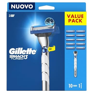 Gillette Mach3 Turbo Regolabarba Uomo, Lame Rasoio a Mano Libera, 1 Manico e 10 Lamette da Barba da 3 Lame, Facile Risciacquo, con Gel Lubrificante, Fino a 15 Rasature con 1 Testina