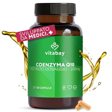 Vitabay Coenzima Q10 200 mg - 120 Capsule di Q10 Coenzima Complesso a Rilascio Prolungato e Bioattivo - Vegano e ad Alto Dosaggio - Integratore Con Ubichinone Fermentato (10%) - Testato in Laboratorio