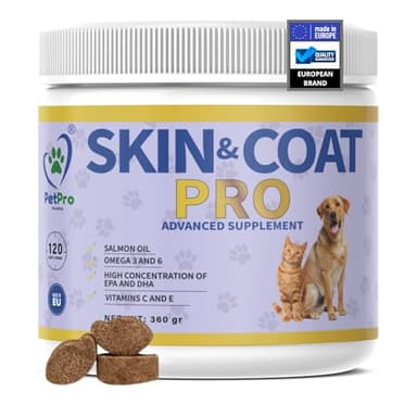 PetPro PHARMA - Skin & Coat Pro – Integratore per Cani e Gatti – Anti-Prurito, Anti-Allergie, Pelo Lucido e Morbido – Con Olio di Salmone, Omega 3 & 6 (EPA e DHA), Vitamine – 120 Masticabili, 360g.