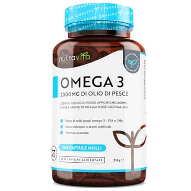 Omega 3 Olio di Pesce da 2000 mg - 660 mg EPA e 440 mg DHA per Porzione - 240 SoftGel Capsule di Olio di Pesce Puro - Fornitura per 4 Mesi - Prodotto nel Regno Unito da Nutravita