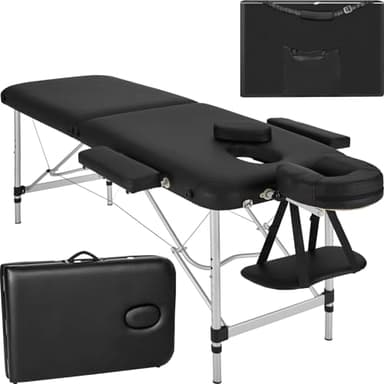 TecTake® Lettino Massaggio 2 Zone, Portatile, Regolabile, Imbottitura Comfort, Poggiatesta Multifunzione, con Borsa per Trasporto Inclusa, Capacità 230 kg - Nero