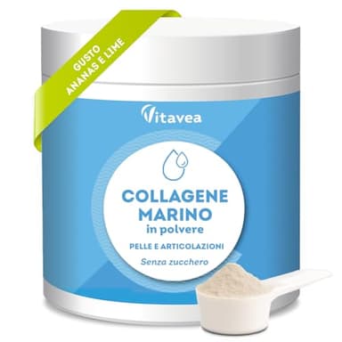 Collagene Marino in Polvere con Vitamina C - 10000 mg Peptidi di Collagene di Pesce - Collagene Idrolizzato - Collagene da Bere - Articolazioni - Anti-Age Pelle - Aroma Limone e Lime - Vitavea