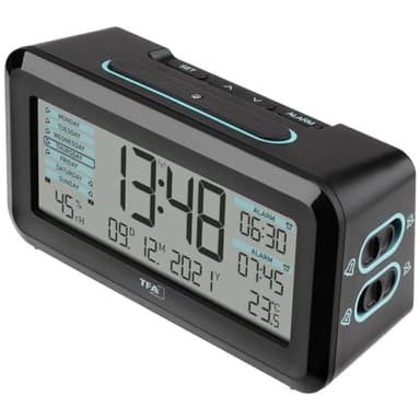 TFA Dostmann Sveglia digitale radiocontrollata BOXX2, 60.2562.01.GB, da comodino, due sveglie attivabili separamente, con termoigrometro, nero