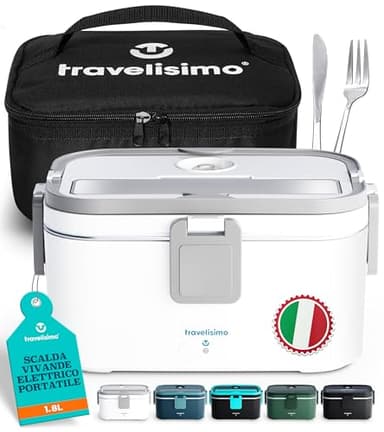 TRAVELISIMO Scaldavivande Elettrico Portatile, 80W 1,8L Porta Pranzo Riscaldabile, 220V/12V/24V Scalda Vivande Portatile Elettrico per Auto Camion e Ufficio, Contenitore Termico Per Alimenti Caldi