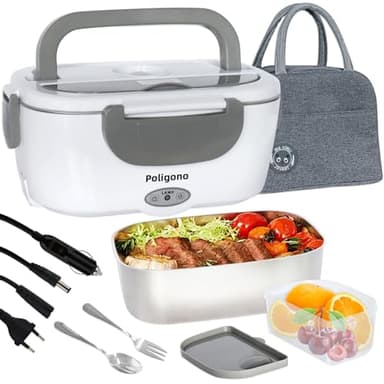 Poligono Scaldavivande Elettrico Portatile con Borsa Termica, Lunch Box 1.5L Portavivande Termico Elettronico Portatile in Acciaio Inox, Porta Pranzo da Ufficio e Auto(55W 220V), Grigio