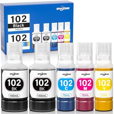 Spaceink Inchiostro 102 Compatibile con Epson ET-2851 ET-2850 ET-3850 ET-15000 ET-4850 ET-4856 ET-2750 ET-4750 ET-2856,102 Inchiostro Multipack (5 Flacone, Nero 140ml x2,Ciano,Magenta,Giallo 70ml)