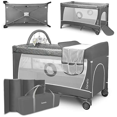 lionelo Flower 2in1 Lettino da campeggio neonato Pieghevole con fasciatoio, Box bambini duo livelli dalla nascita fino a 15 kg con Matteraso, Portaoggetti, Giocattoli pendenti, Entrata laterale, Borsa